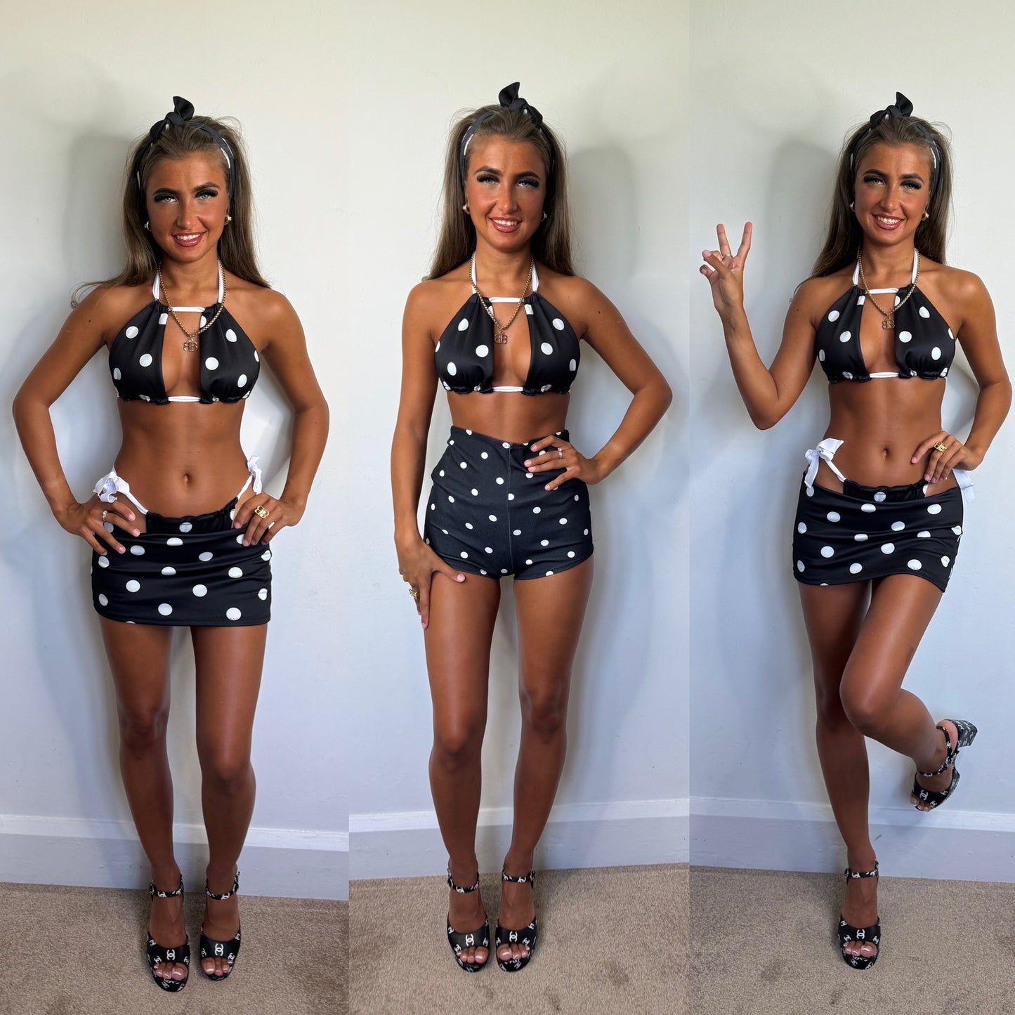 4 piece polka dot bikini set with skirt/shorts