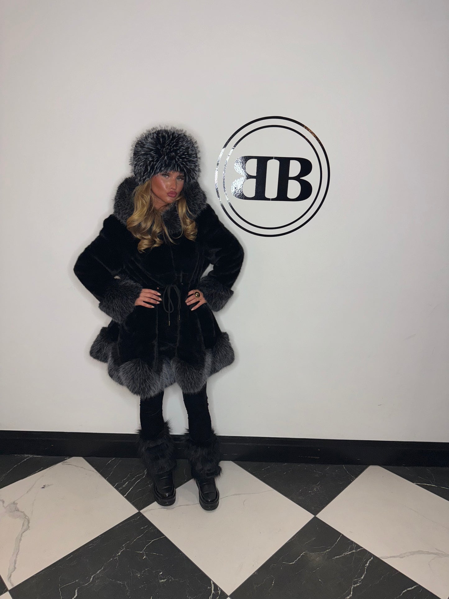 Faux Mink Fur Black Hooded Coat
