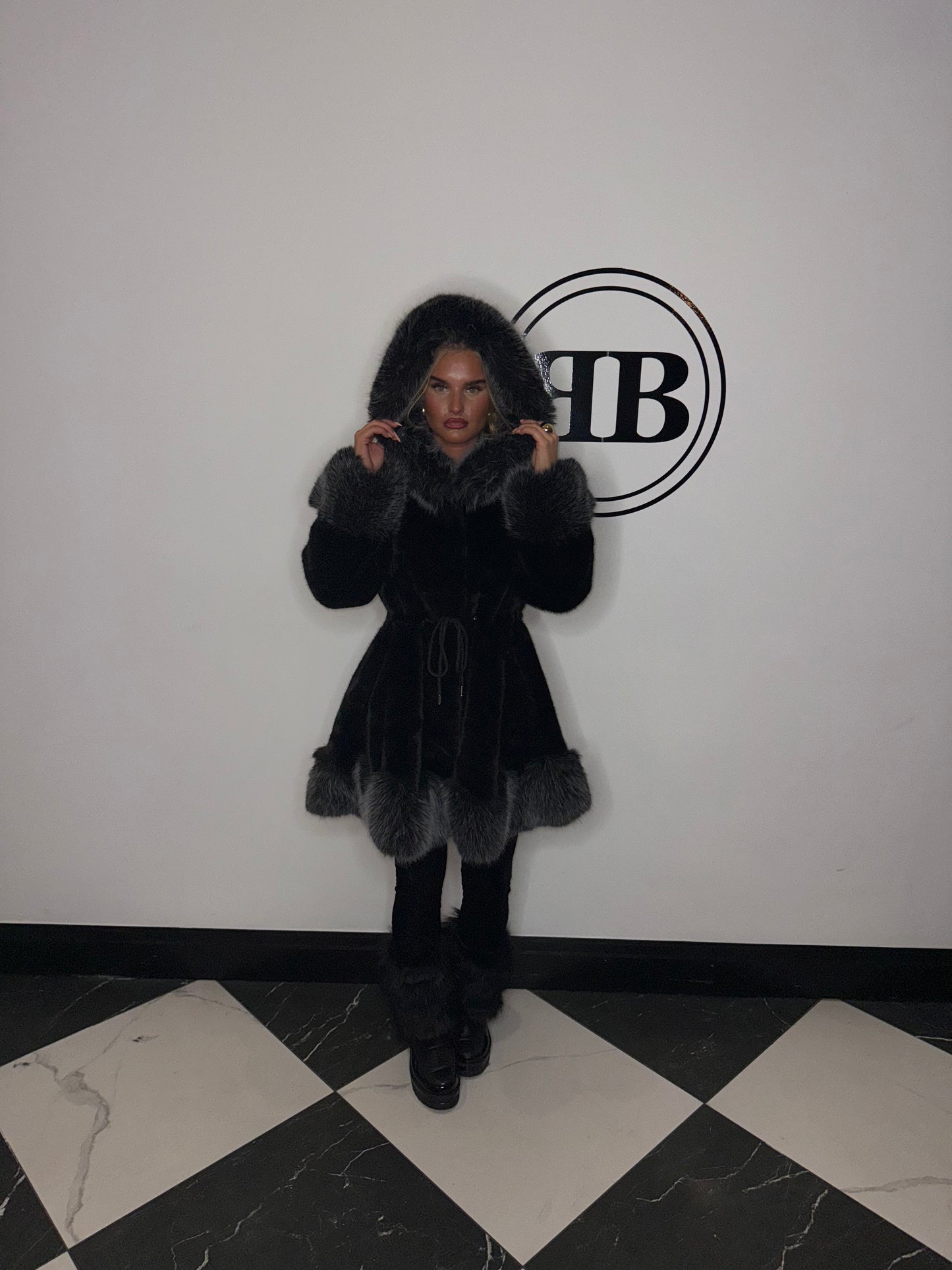 Faux Mink Fur Black Hooded Coat