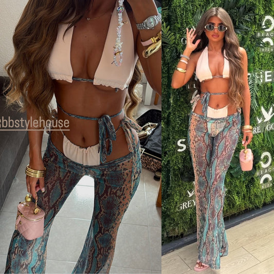 Tropical teal & peach reversible bikini 4 piece set